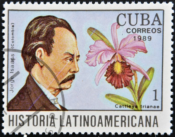 CUBA - CIRCA 1989: A stamp printed in CUBA dedicated to Latin American history shows a Cattleya trianae and Jorge Isaacs, circa 1989
