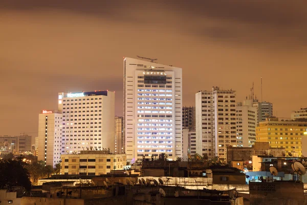 Highrise hotel buildings at night. Casablanca, Morocco, North Africa