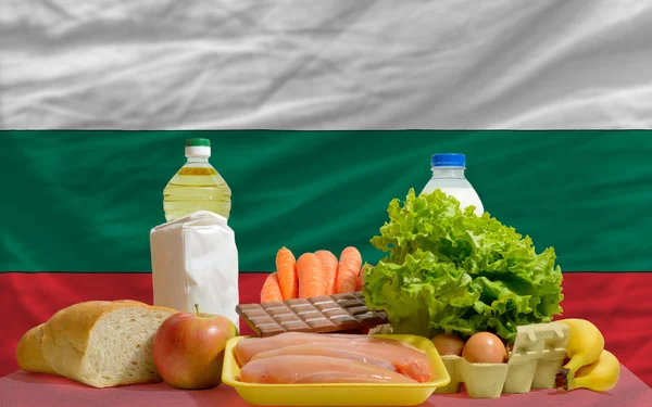 Basic food groceries in front of bulgaria national flag