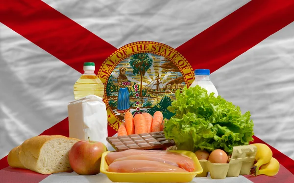 Basic food groceries in front of florida us state flag