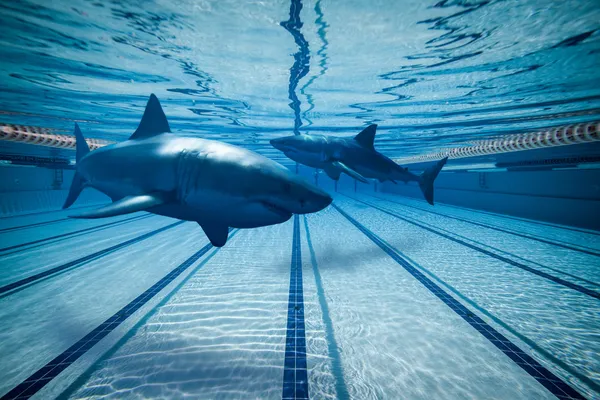 Surreal images of Sharks in swimming pool