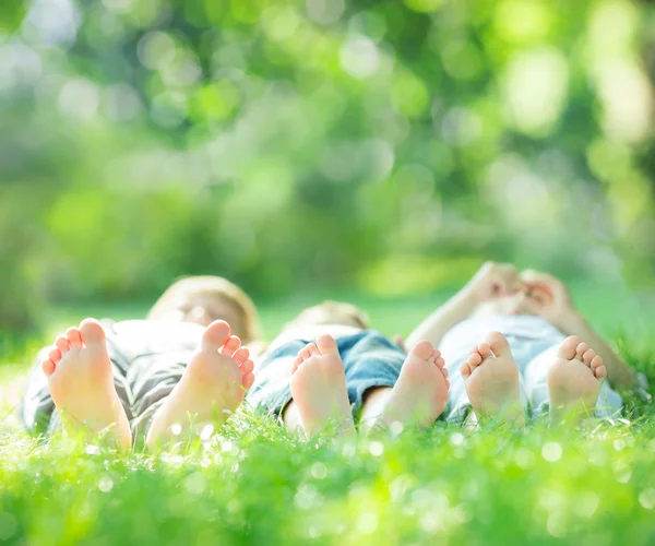 Family lying on green grass