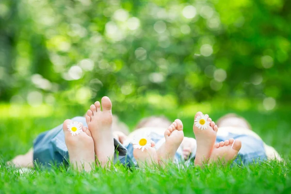 Family lying on grass