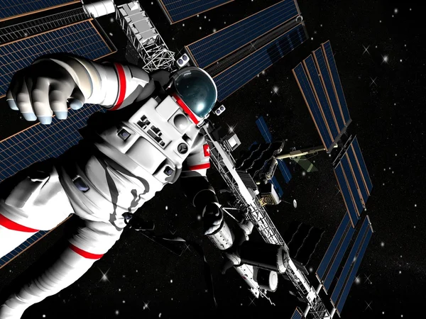 The astronaut and flying modern satellite in outer space