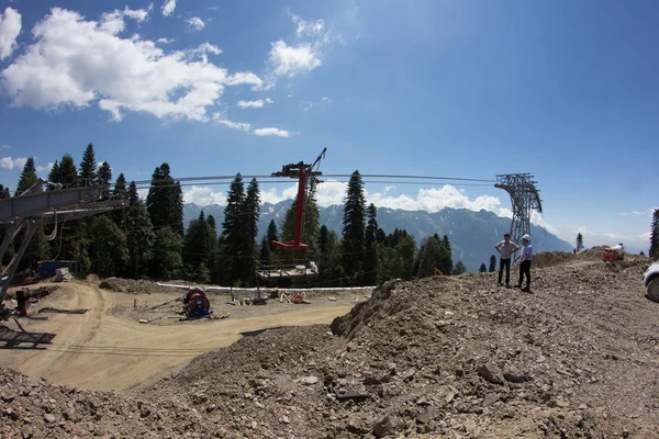 Construction of cable way in the mountains