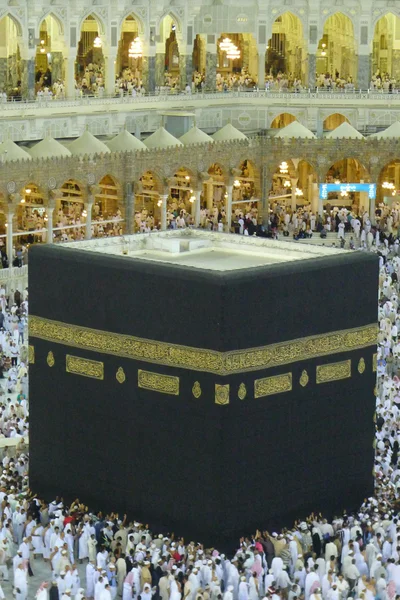 A close up view of Muslim pilgrims circumambulate the Kaaba from ground floor of Haram Mosque, Mecca.