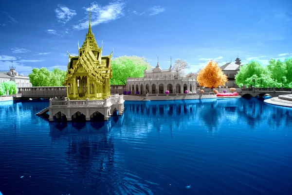 Infrared photo of temple with reflection