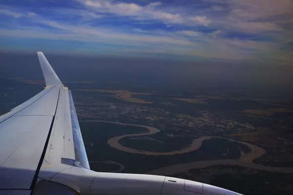 Top view from plane window above Ubonratchathani Thailand ,moon river