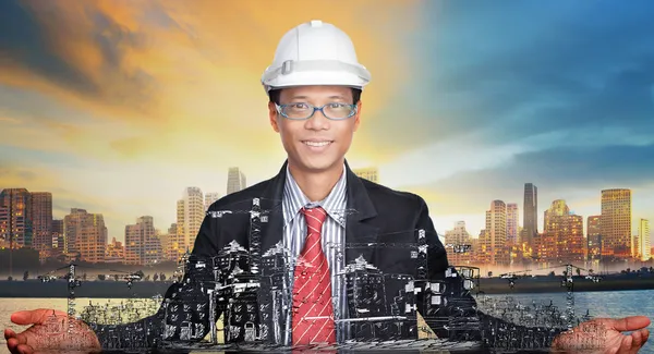 Young engineer and his urban development project use for construction industry and urban land development topic