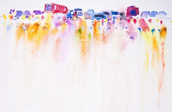 Abstract car on the road watercolor hand painted background