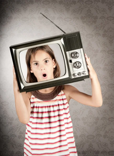 Girl with television on her head