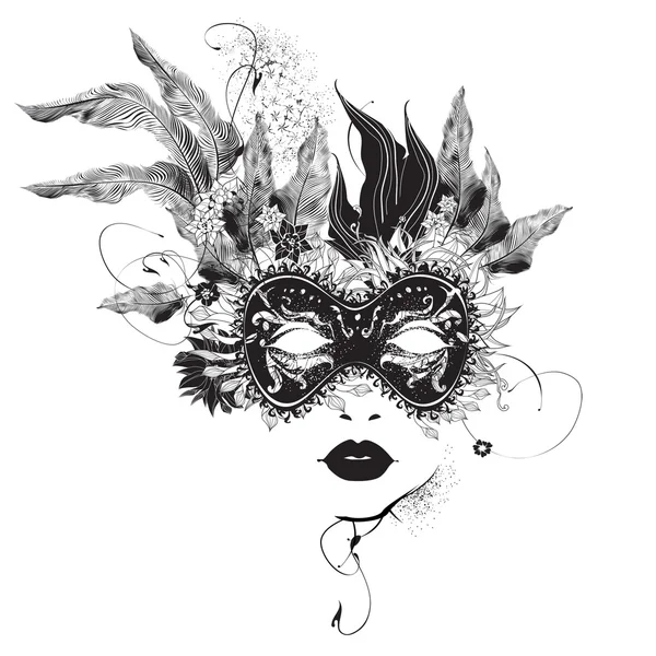 Abstract woman mask with flowers black and white