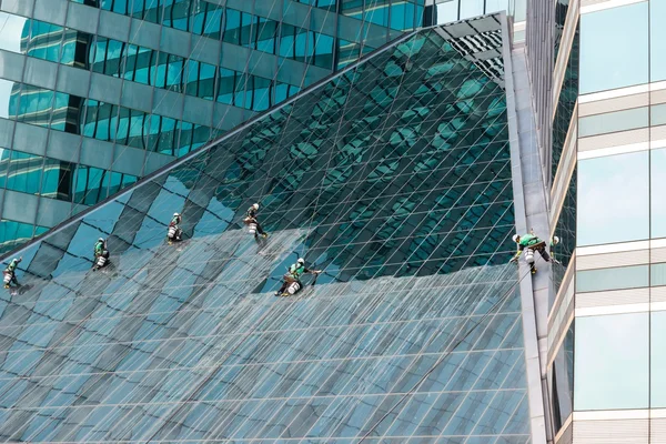 Window cleaners cleaning a high rise office building