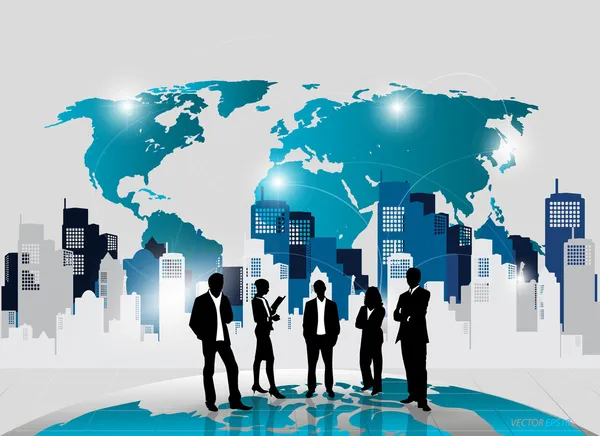 Business people silhouettes with building background. Vector ill