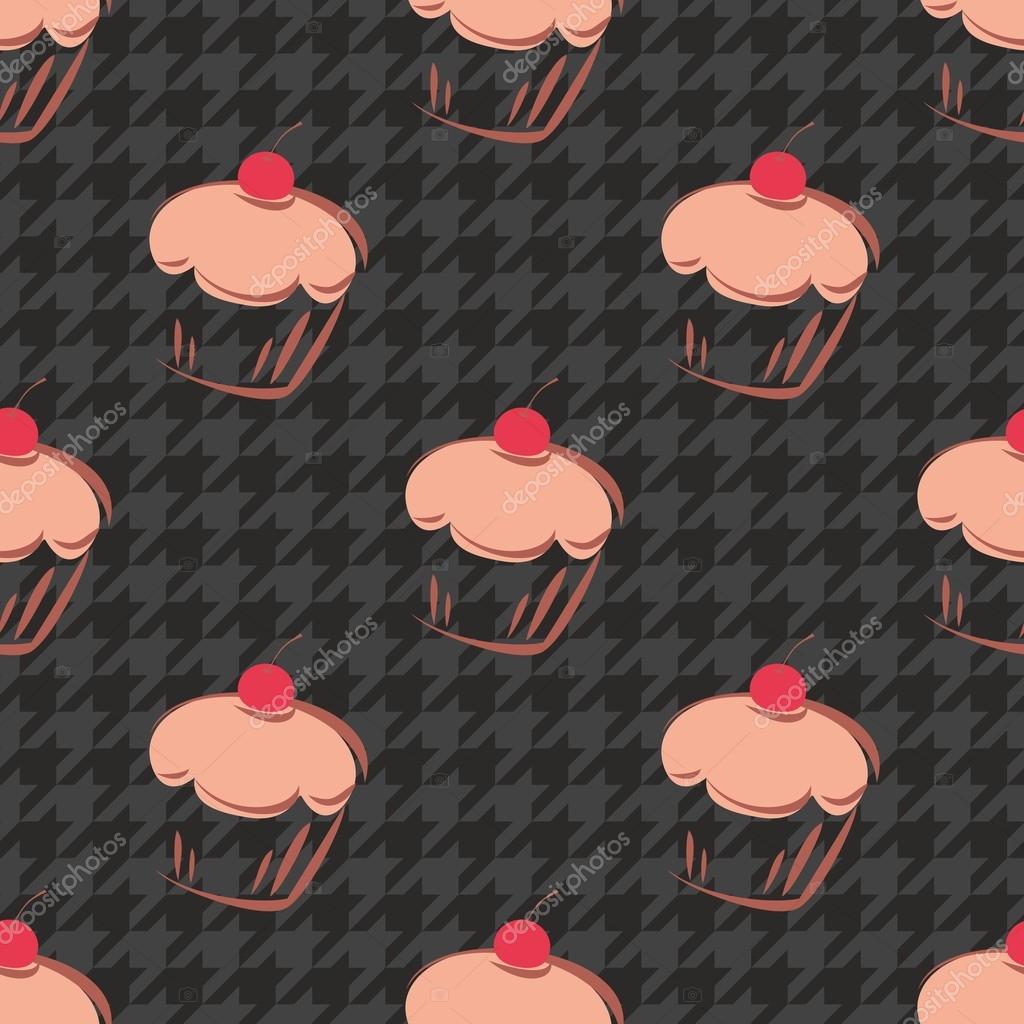 Kakel vektor bakgrund med körsbär cupcake och mörk grå och svarta ...