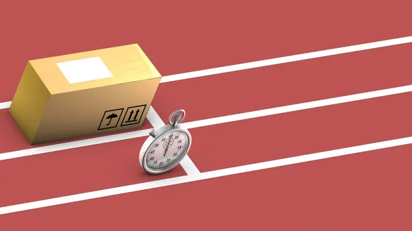 Box and stopwatch racing. This symbolizes on time delivery