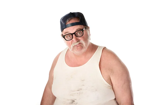 Man in stained shirt wearing baseball cap