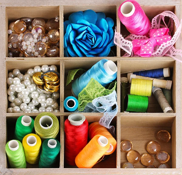 Thread and material for handicrafts in box isolated on white