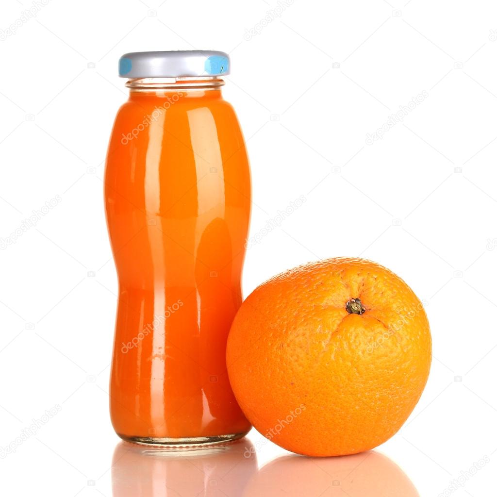 Delicious orange juice in a bottle and orange next to it isolated on