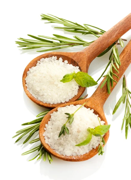 Salt in spoons with fresh basil, thyme and rosemary isolated on white
