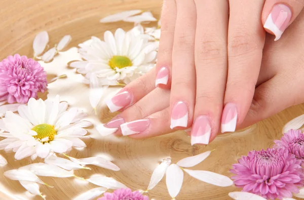 Woman hands with french manicure and flowers in bamboo bowl with water