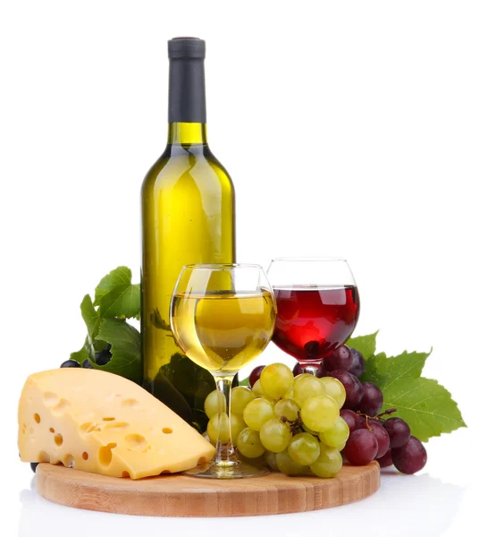 Bottle and glasses of wine, assortment of grapes and cheese isolated on white