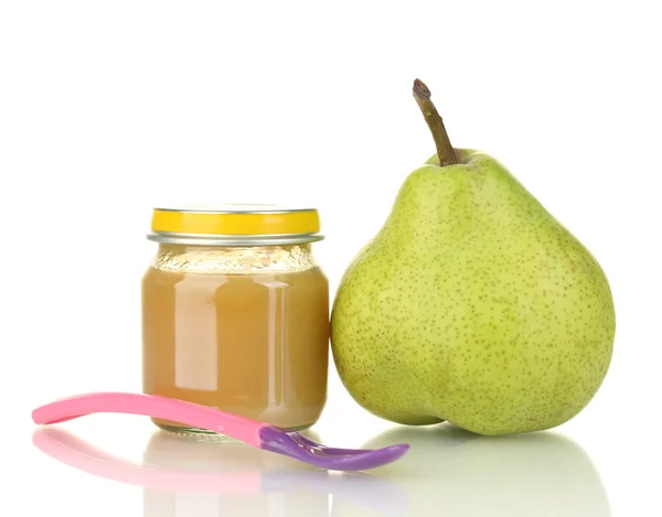 Jars with fruit baby food and pear isolated on white