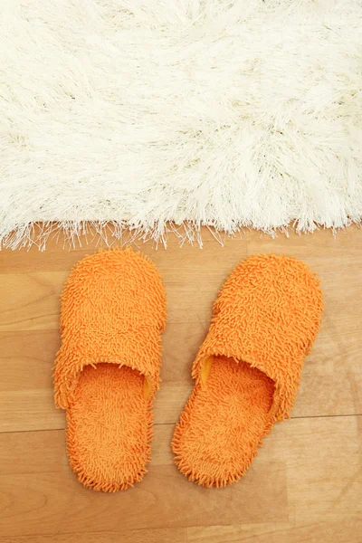 Bright slippers, on floor background