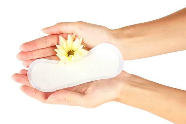 Woman's hands holding a daily sanitary pad on white background close-up