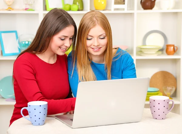 Two girl friends talking and studying in kitchen