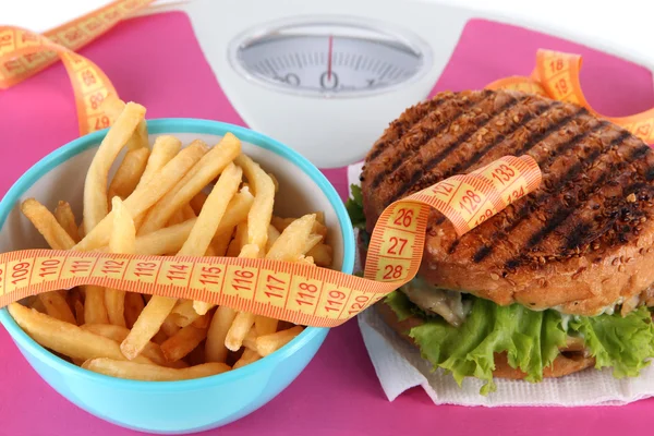 Hot-dog, hamburger and fries on scales close-up