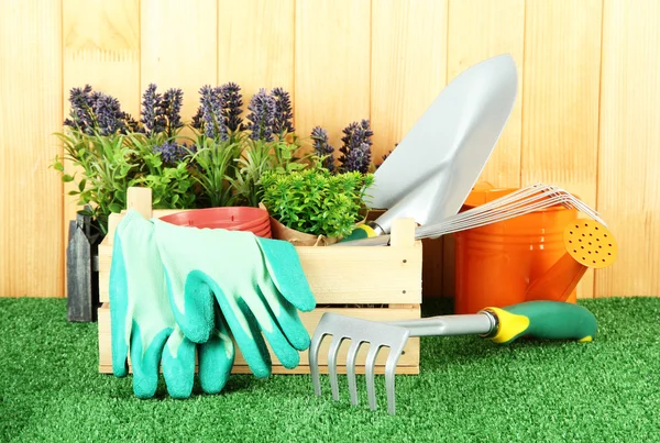 Garden tools on grass in yard