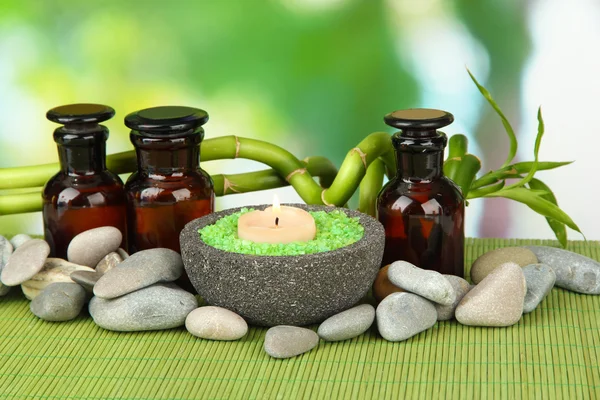 Still life with green bamboo plant and stones, on bamboo mat, on bright background