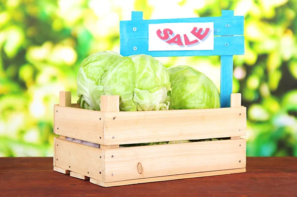 Green cabbage in wooden box, on bright background