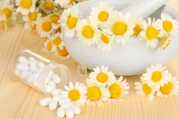 Medicine chamomile flowers on wooden table