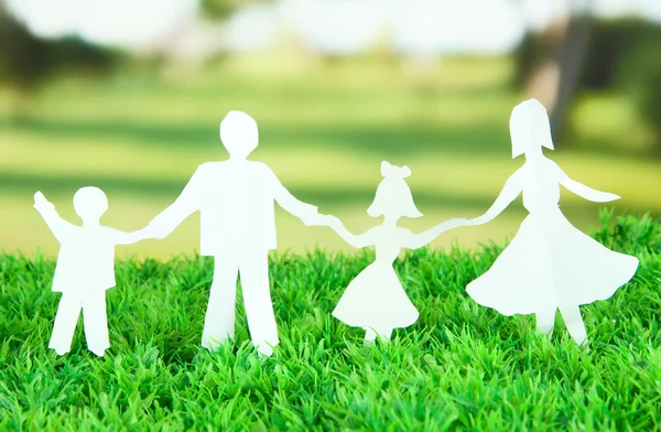 Paper people on green grass on bright background