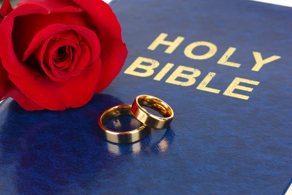 Wedding rings with rose on bible