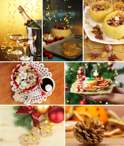 Christmas collage with tasty food, drinks and decorations