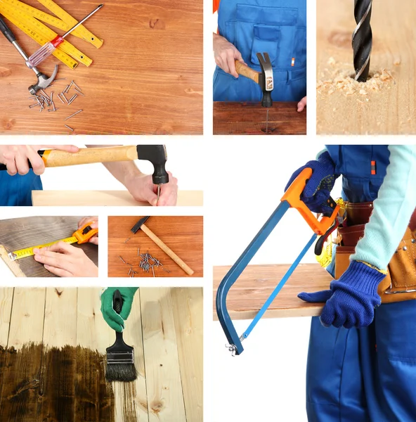 Collage of working man and carpentry tools