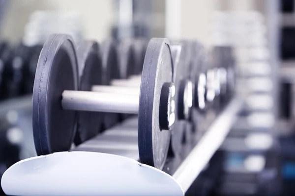 Lot of dumbbells in gym close-up