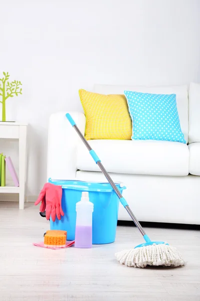 Floor mop and bucket for washing in room