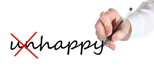 Human hand turning word unhappy into happy