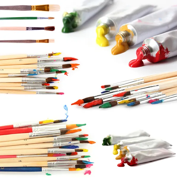 Collage of paint brushes with acrylic paint in tubes isolated on white
