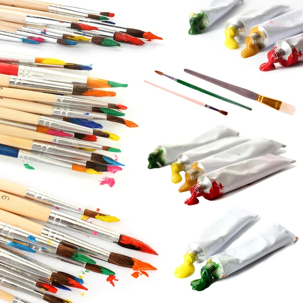 Collage of paint brushes with acrylic paint in tubes isolated on white