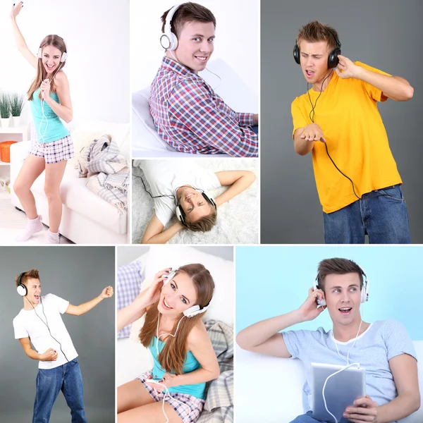 Collage of happy people with headphones