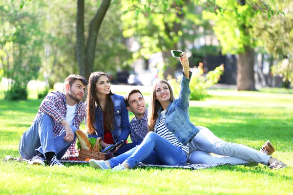 Happy friends on picnic in park