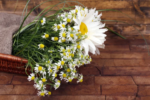 Beautiful bouquet of daisies in wicker basket