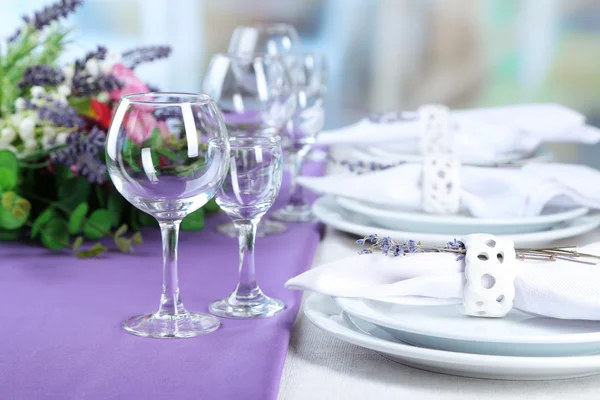Dining table setting with lavender flowers