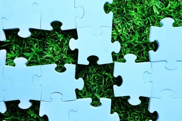 Puzzle pieces on green grass background. Green space concept