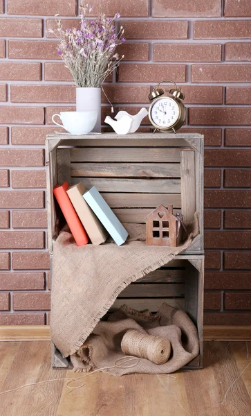 Shelves made of wooden boxes for small things for home